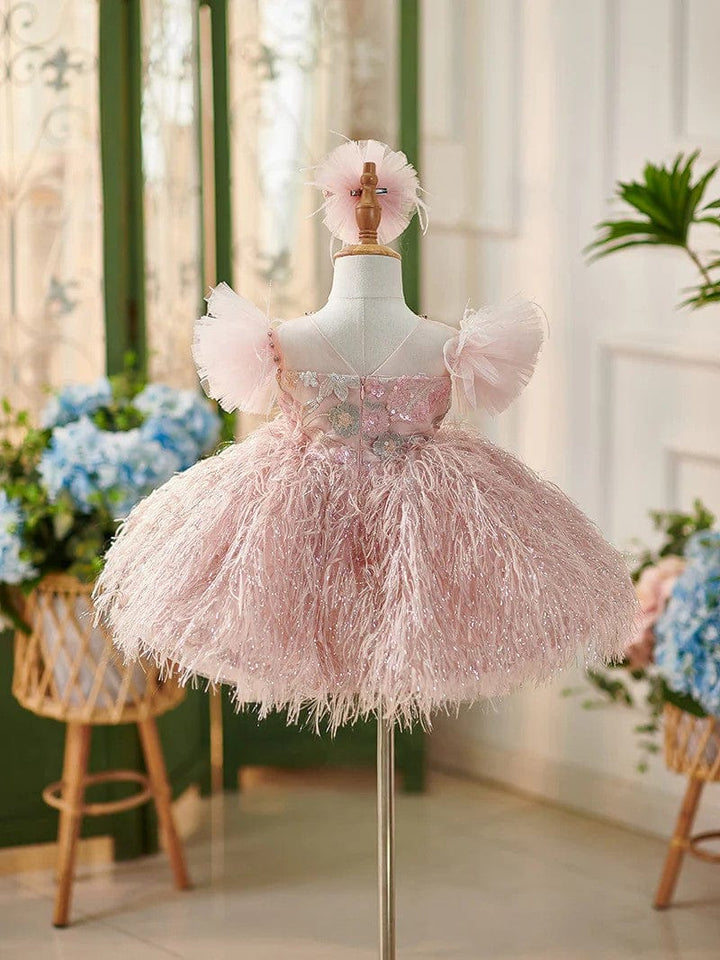 Sunnypetal Pink Puff Sleeves Floral Embroidery Flower Girl Dresses with Feathers