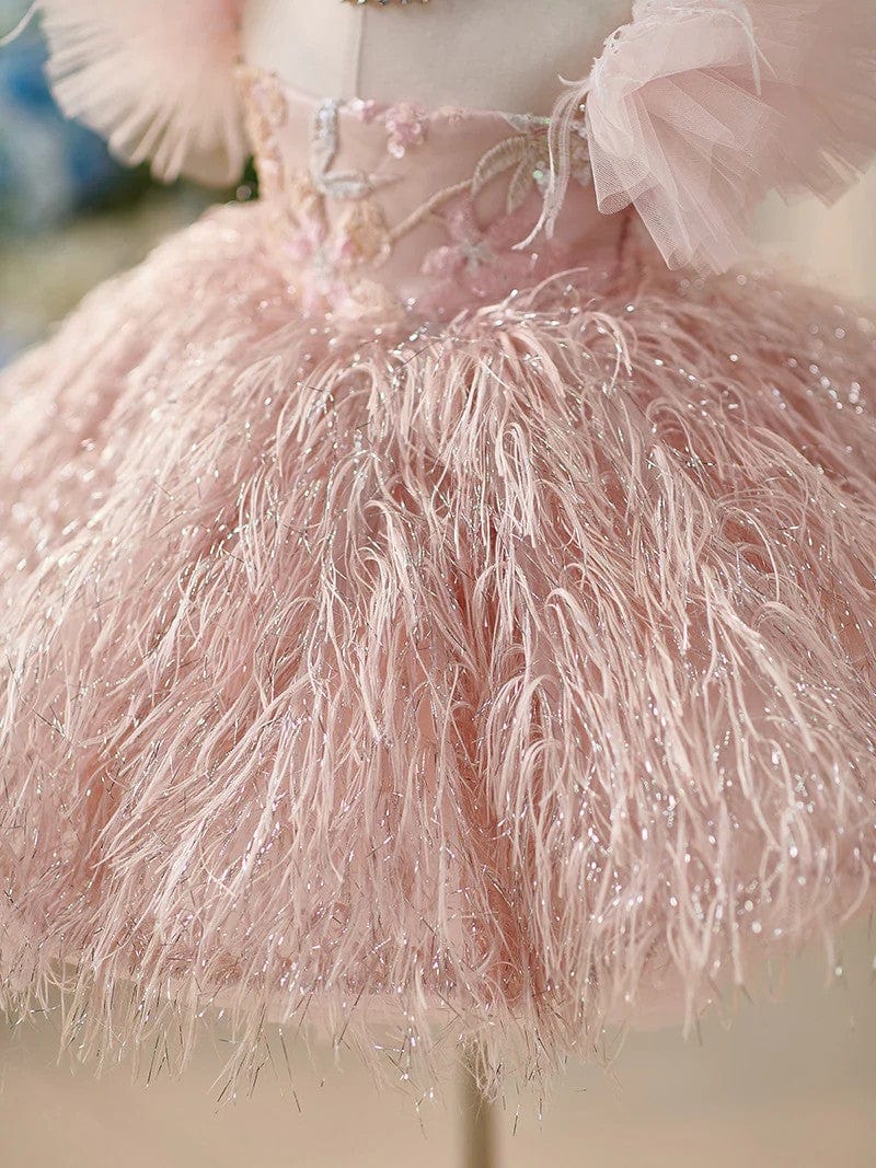 Sunnypetal Pink Puff Sleeves Floral Embroidery Flower Girl Dresses with Feathers