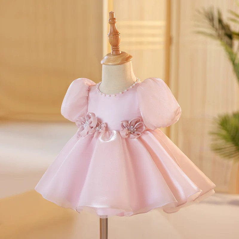 Sunnypetal Pink Puff Sleeves Floral Tulle Knee-Length Baby Girl Birthday Dress