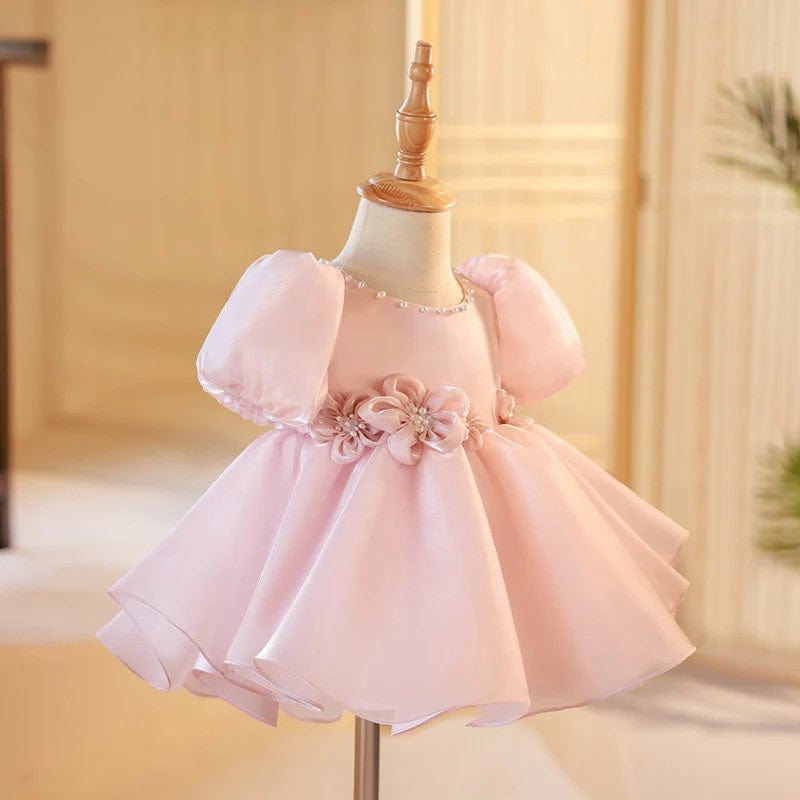 Sunnypetal Pink Puff Sleeves Floral Tulle Knee-Length Baby Girl Birthday Dress