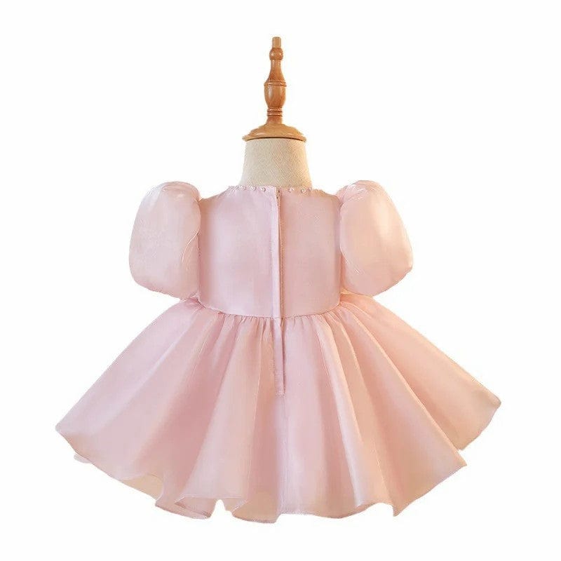 Sunnypetal Pink Puff Sleeves Floral Tulle Knee-Length Baby Girl Birthday Dress
