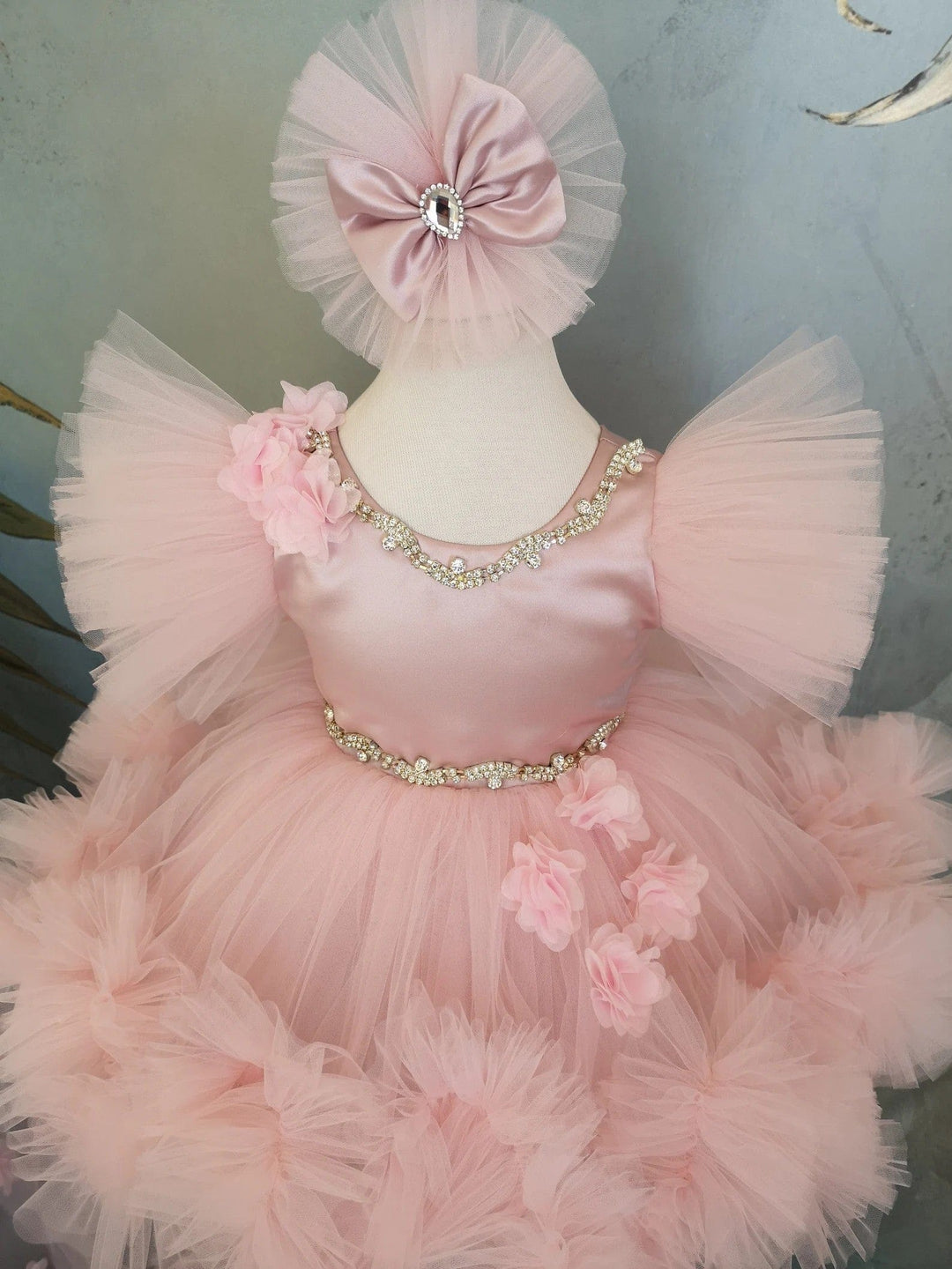 Sunnypetal Pink Puff Sleeves Flowers Tulle Flower Girl Dresses with Detachable Train