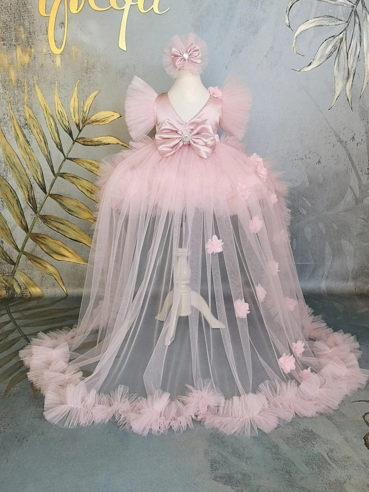 Sunnypetal Pink Puff Sleeves Flowers Tulle Flower Girl Dresses with Detachable Train