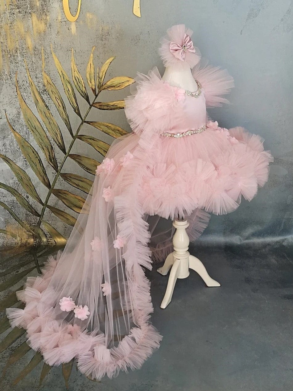 Sunnypetal Pink Puff Sleeves Flowers Tulle Flower Girl Dresses with Detachable Train