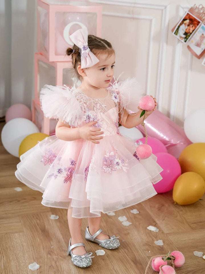 Sunnypetal Pink Puffy Sleeves Tulle Knee-Length Baby Girl Dress with Floral Embroidery&Bow