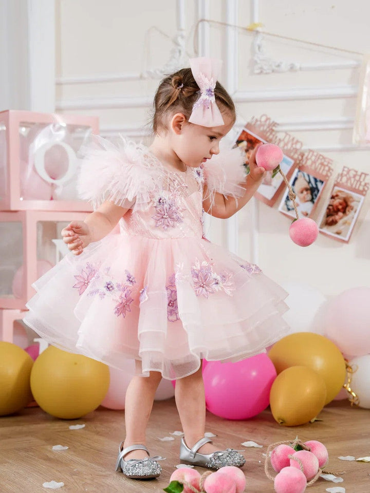 Sunnypetal Pink Puffy Sleeves Tulle Knee-Length Baby Girl Dress with Floral Embroidery&Bow