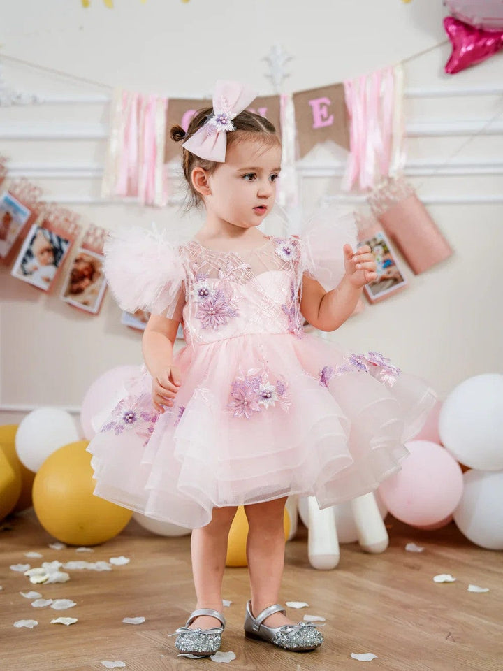 Sunnypetal Pink Puffy Sleeves Tulle Knee-Length Baby Girl Dress with Floral Embroidery&Bow