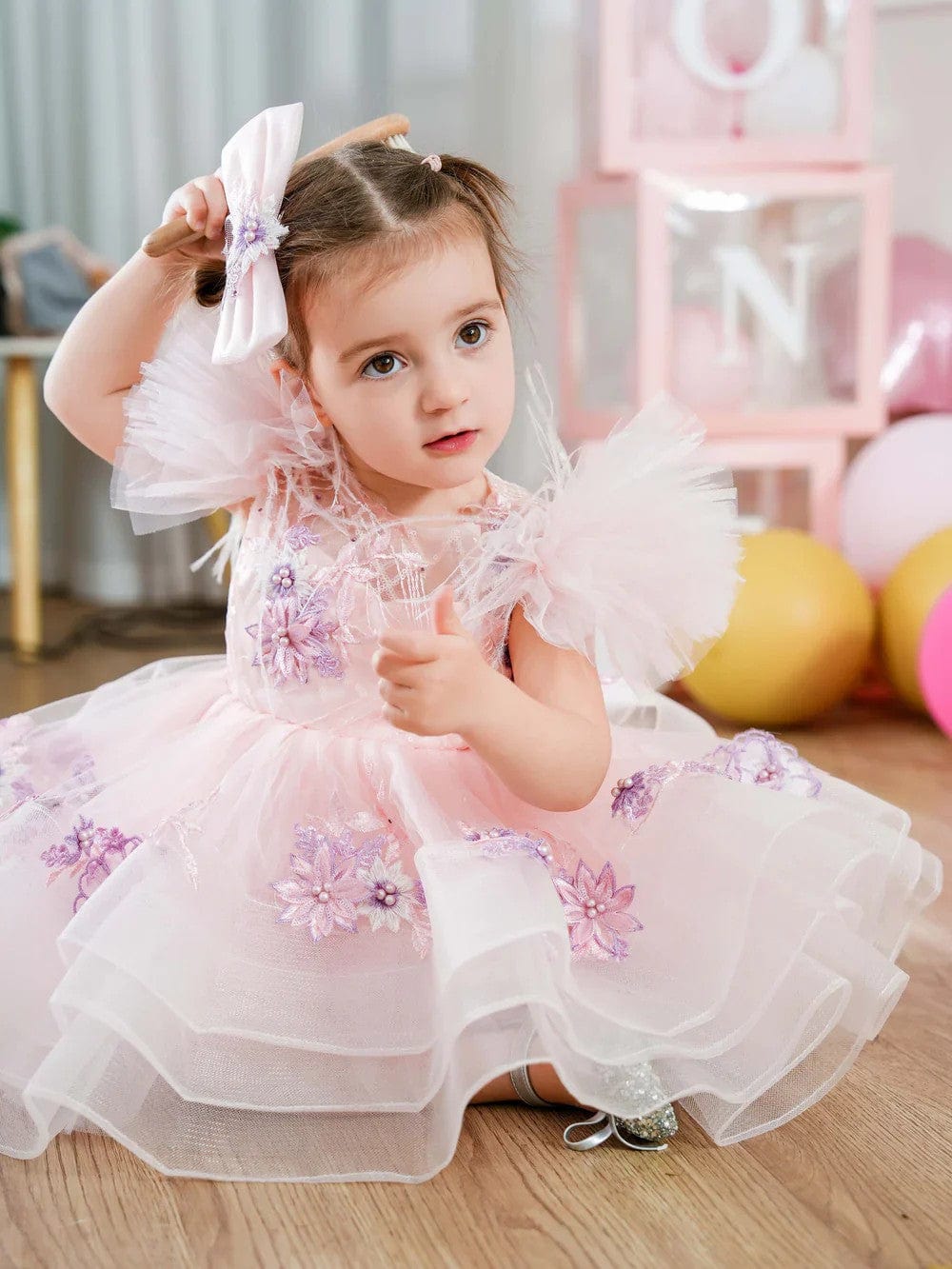 Sunnypetal Pink Puffy Sleeves Tulle Knee-Length Baby Girl Dress with Floral Embroidery&Bow