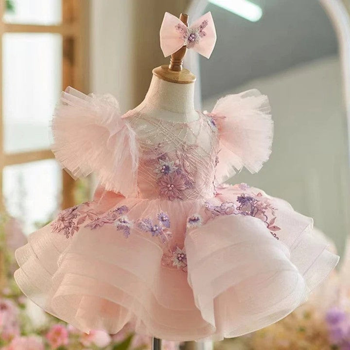 Sunnypetal Pink Puffy Sleeves Tulle Knee-Length Baby Girl Dress with Floral Embroidery&Bow