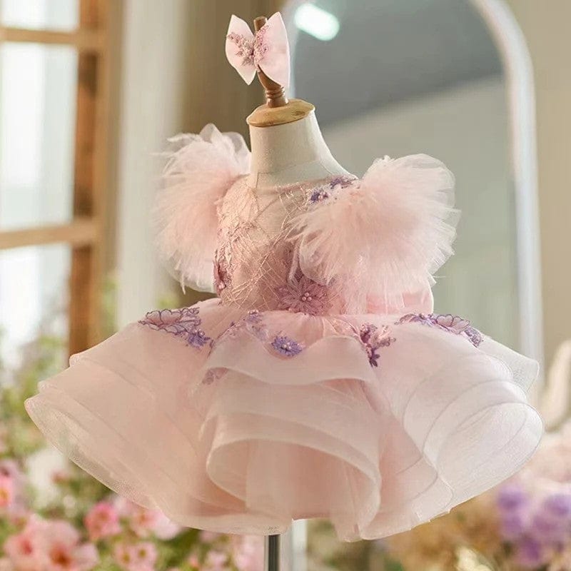 Sunnypetal Pink Puffy Sleeves Tulle Knee-Length Baby Girl Dress with Floral Embroidery&Bow