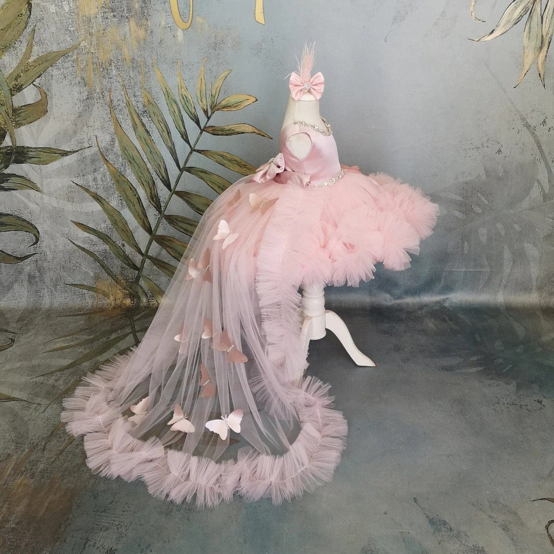 Sunnypetal Pink Ruffles Tulle Baby Girls Dress Sleeveless Satin Bodice Knee-Length with 3D Butterfly