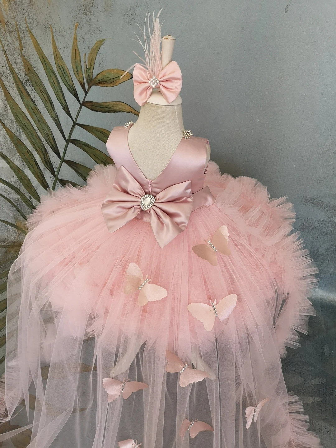 Sunnypetal Pink Ruffles Tulle Baby Girls Dress Sleeveless Satin Bodice Knee-Length with 3D Butterfly