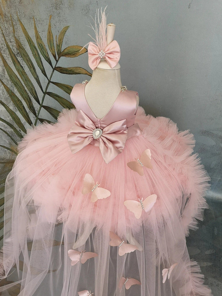 Sunnypetal Pink Ruffles Tulle Baby Girls Dress Sleeveless Satin Bodice Knee-Length with 3D Butterfly