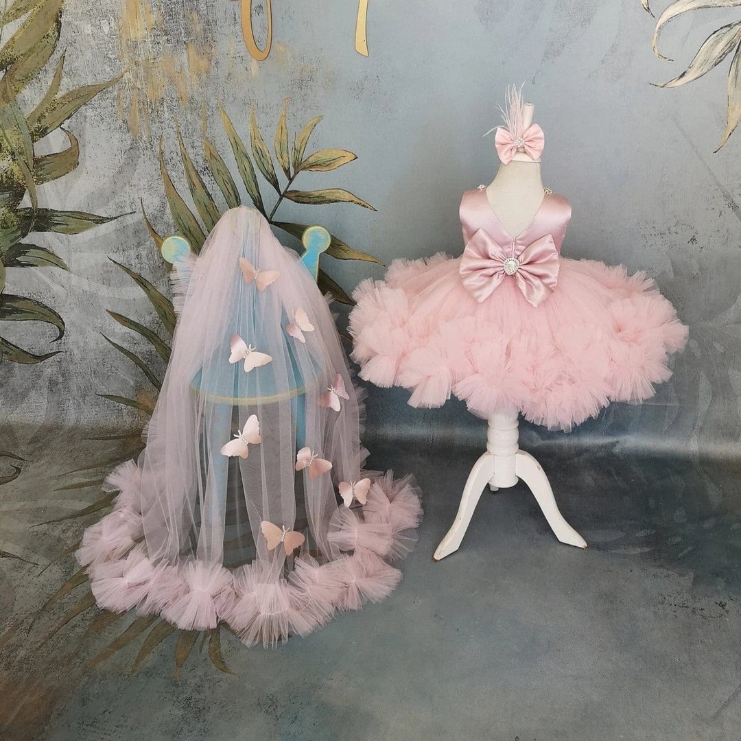 Sunnypetal Pink Ruffles Tulle Baby Girls Dress Sleeveless Satin Bodice Knee-Length with 3D Butterfly