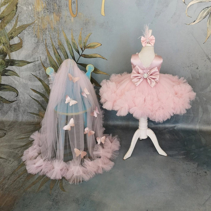 Sunnypetal Pink Ruffles Tulle Baby Girls Dress Sleeveless Satin Bodice Knee-Length with 3D Butterfly