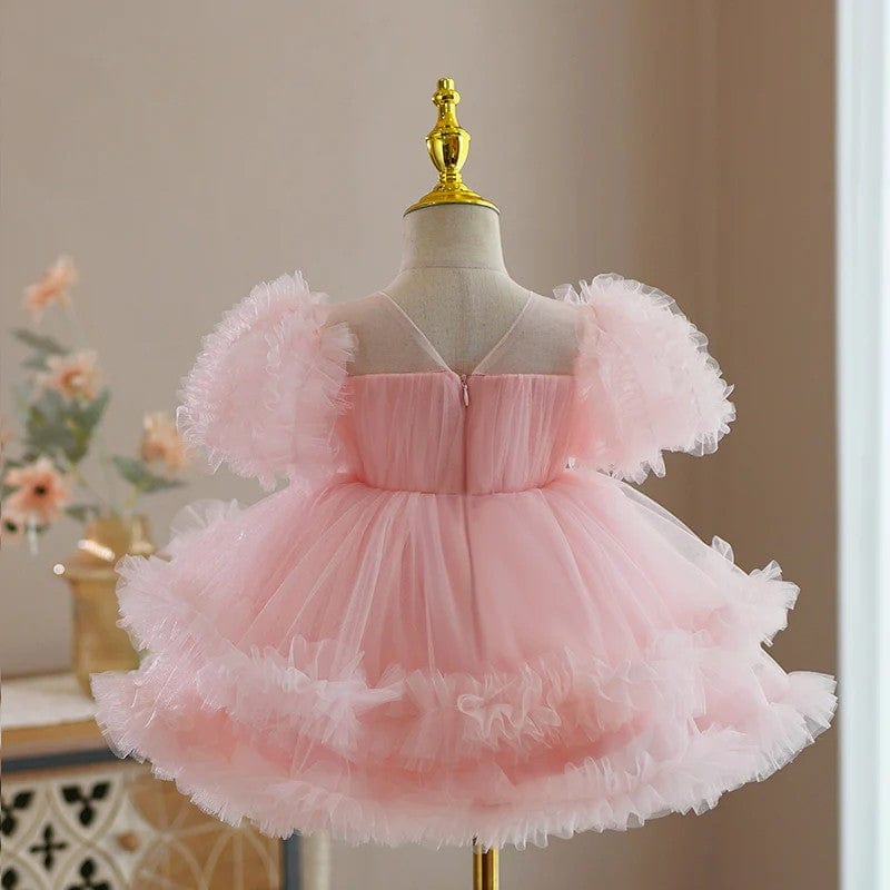 Sunnypetal Pink Ruffles Tulle Ball-Gown Baby Girl Birthday Party Dress