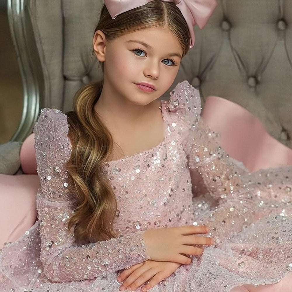 Sunnypetal Pink Sequin Knee-Length Flower Girl Dresses with Satin Bow