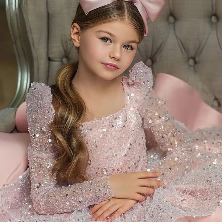 Sunnypetal Pink Sequin Knee-Length Flower Girl Dresses with Satin Bow