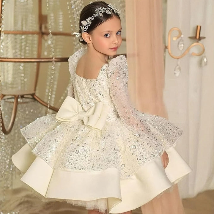 Sunnypetal Pink Sequin Knee-Length Flower Girl Dresses with Satin Bow