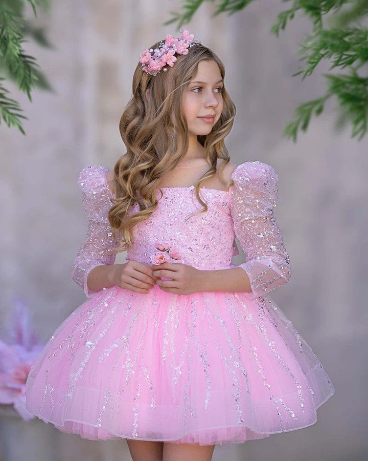 Sunnypetal Pink Sequin Long Sleeves Knee-Length Prom Birthday Flower Girl Dresses