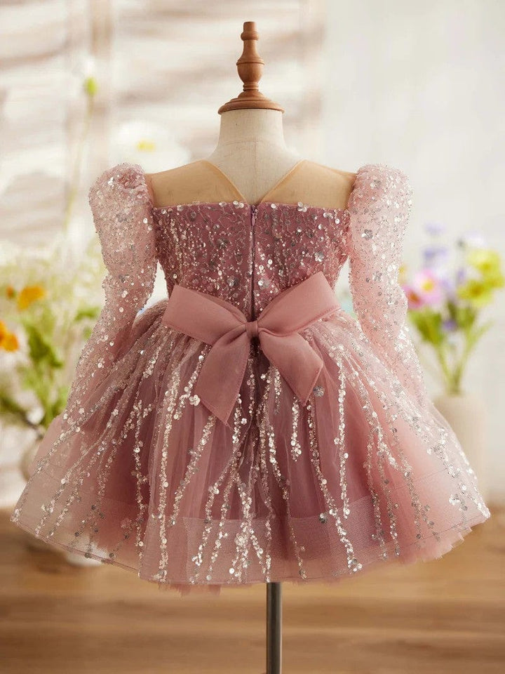 Sunnypetal Pink Sequin Long Sleeves Knee-Length Prom Birthday Flower Girl Dresses