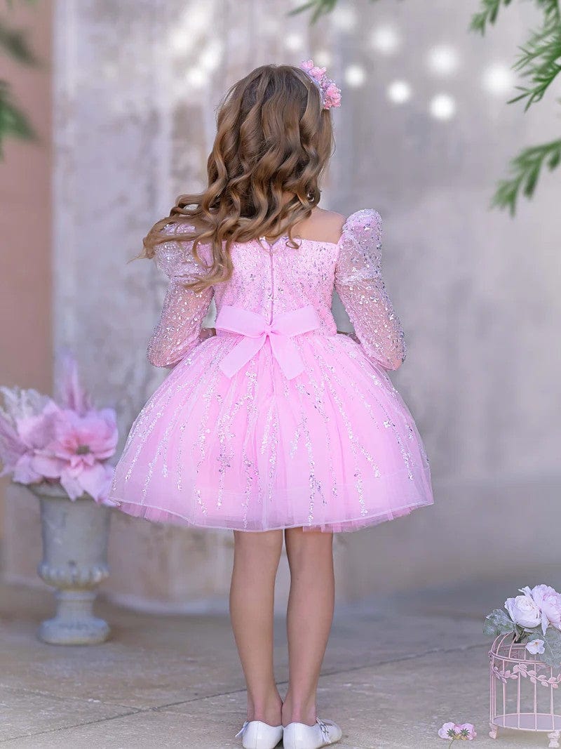 Sunnypetal Pink Sequin Long Sleeves Knee-Length Prom Birthday Flower Girl Dresses