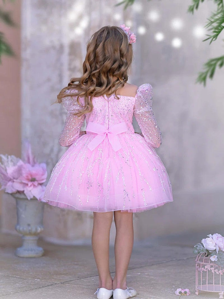 Sunnypetal Pink Sequin Long Sleeves Knee-Length Prom Birthday Flower Girl Dresses