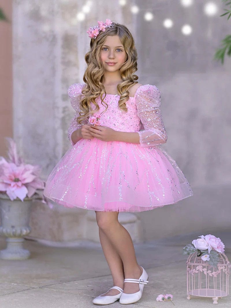 Sunnypetal Pink Sequin Long Sleeves Knee-Length Prom Birthday Flower Girl Dresses