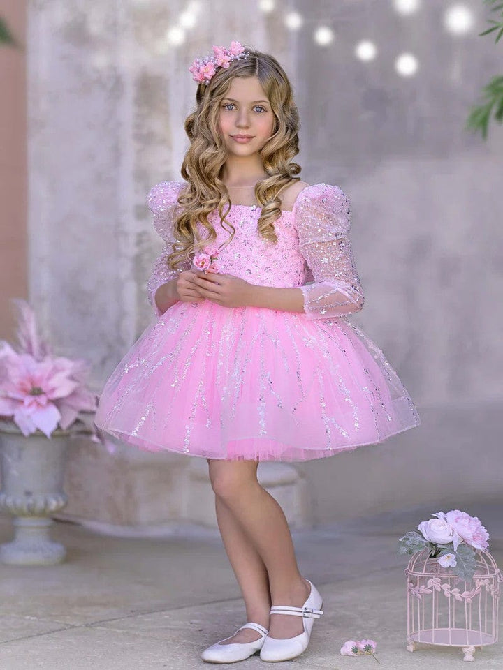 Sunnypetal Pink Sequin Long Sleeves Knee-Length Prom Birthday Flower Girl Dresses