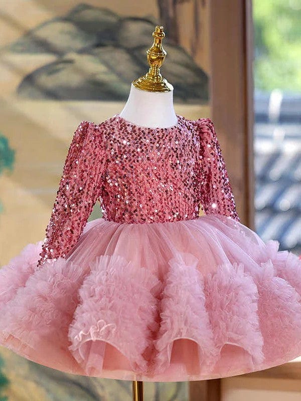 Sunnypetal Pink Sequin Long Sleeves Puffy Tulle Flower Girl Dresses Prom Birthday Gown