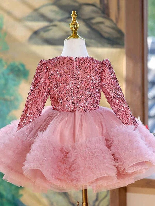 Sunnypetal Pink Sequin Long Sleeves Puffy Tulle Flower Girl Dresses Prom Birthday Gown