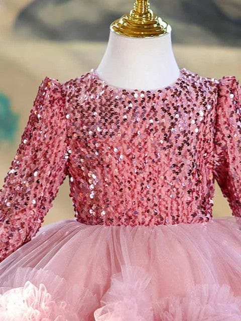 Sunnypetal Pink Sequin Long Sleeves Puffy Tulle Flower Girl Dresses Prom Birthday Gown