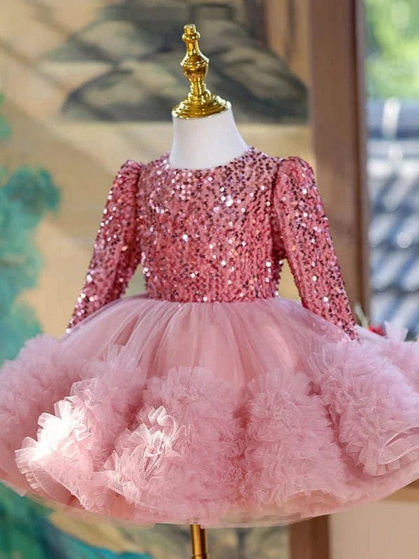 Sunnypetal Pink Sequin Long Sleeves Puffy Tulle Flower Girl Dresses Prom Birthday Gown
