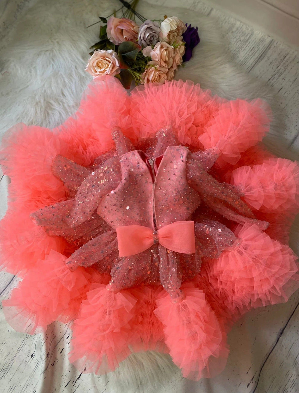 Sunnypetal Pink Sequins V-Neck Rhinestones Dress for Girls 1st Birthday Gown