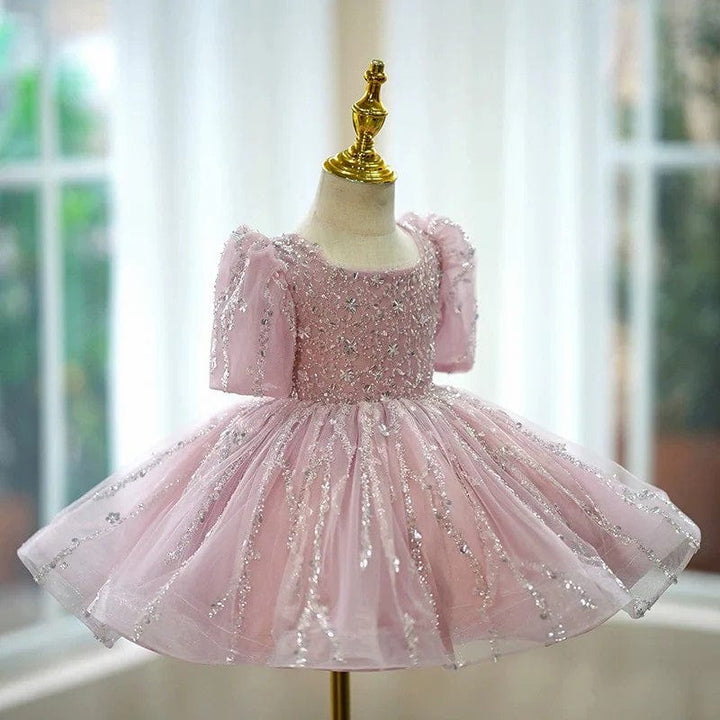 Sunnypetal Pink Short Sleeves Shiny Sequin Tulle Knee-Length Flower Girl Birthday Gown
