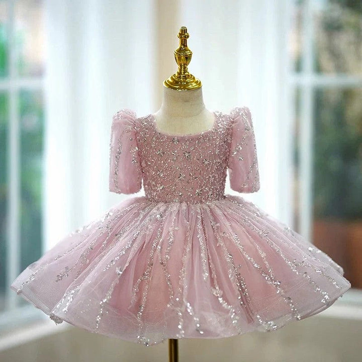 Sunnypetal Pink Short Sleeves Shiny Sequin Tulle Knee-Length Flower Girl Birthday Gown