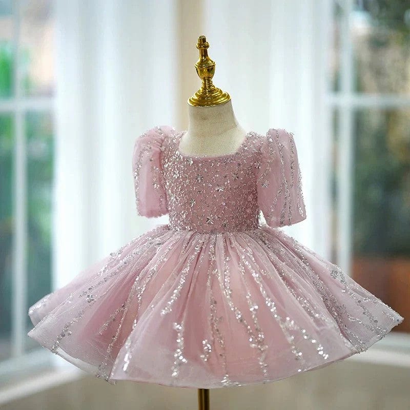 Sunnypetal Pink Short Sleeves Shiny Sequin Tulle Knee-Length Flower Girl Birthday Gown