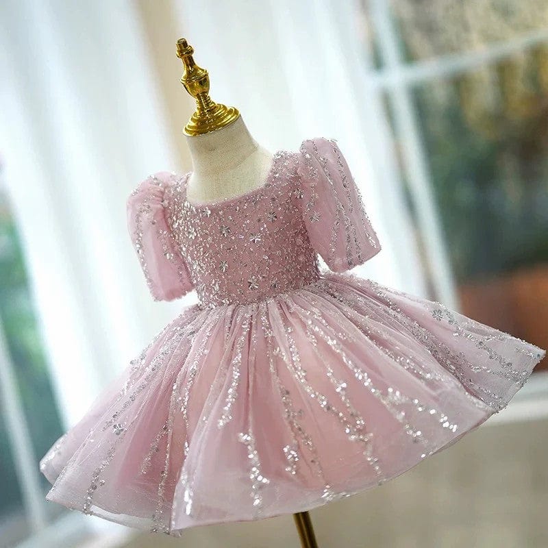Sunnypetal Pink Short Sleeves Shiny Sequin Tulle Knee-Length Flower Girl Birthday Gown