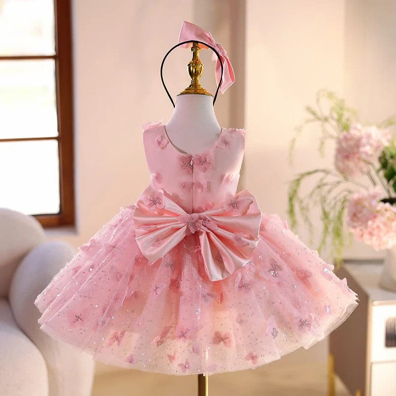 Sunnypetal Pink Sleeveless 3D Butterflys Flower Girl Dresses Pageant Prom Gown