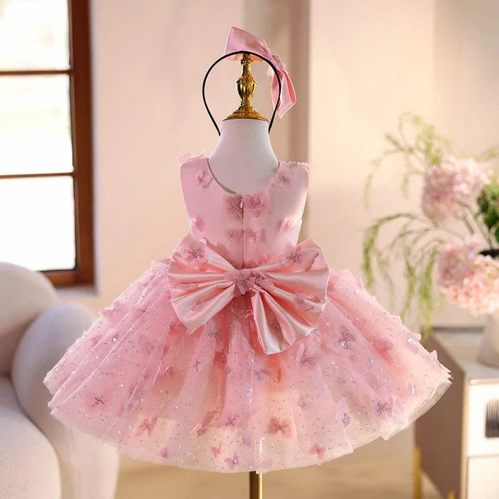 Sunnypetal Pink Sleeveless 3D Butterflys Flower Girl Dresses Pageant Prom Gown