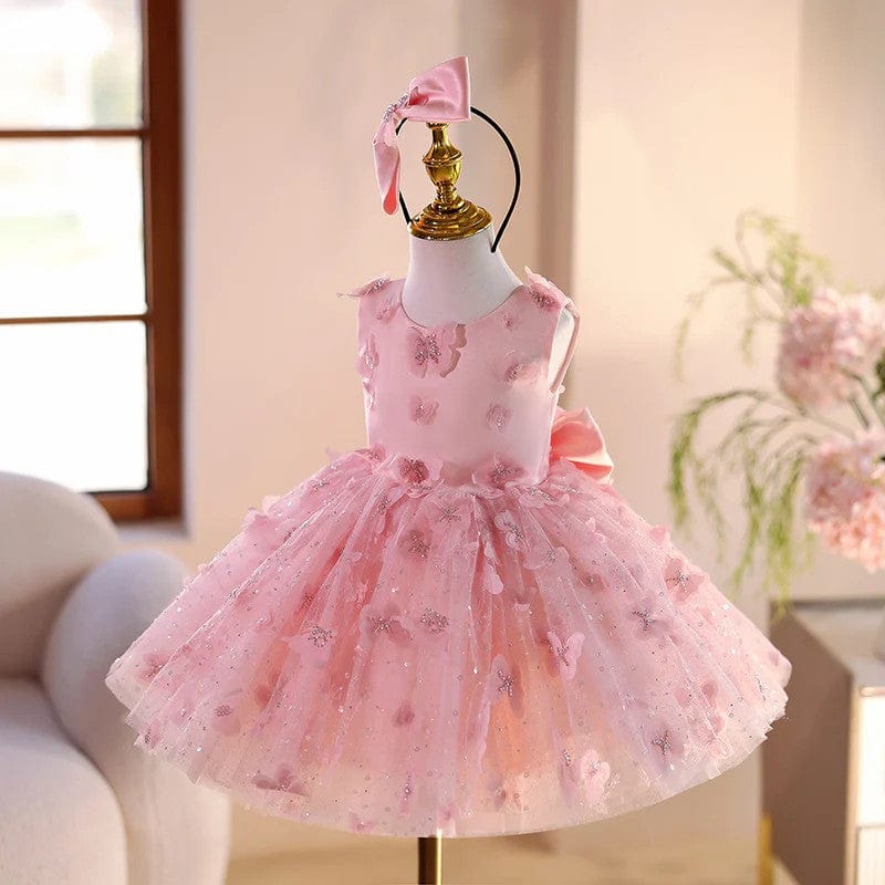 Sunnypetal Pink Sleeveless 3D Butterflys Flower Girl Dresses Pageant Prom Gown