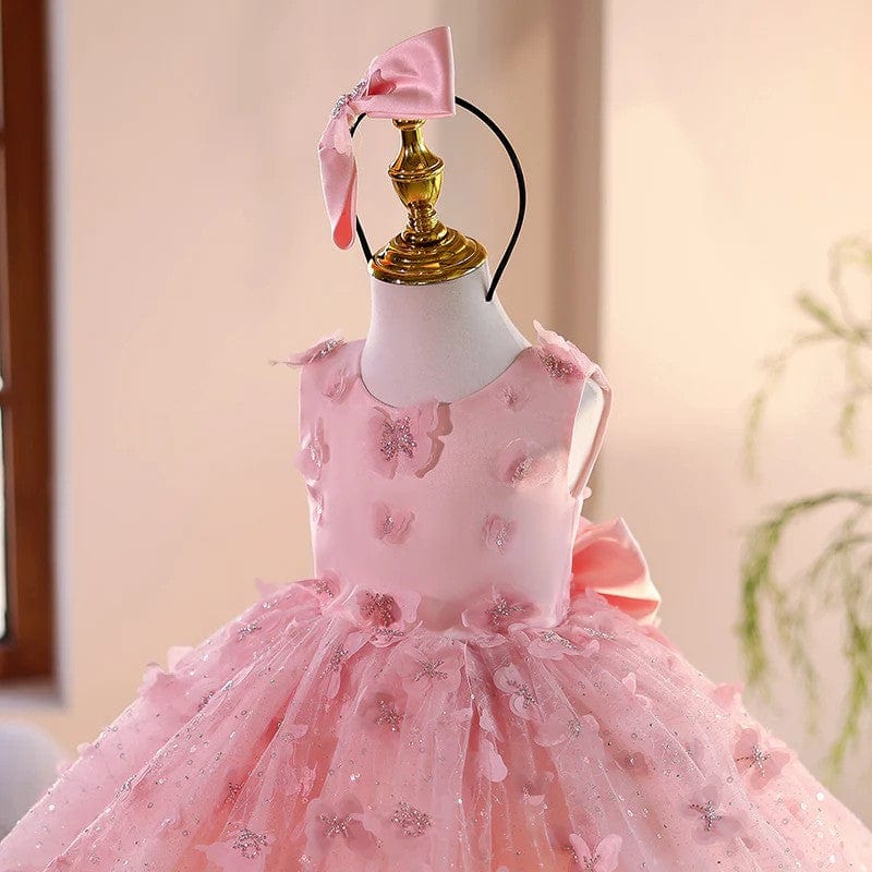 Sunnypetal Pink Sleeveless 3D Butterflys Flower Girl Dresses Pageant Prom Gown