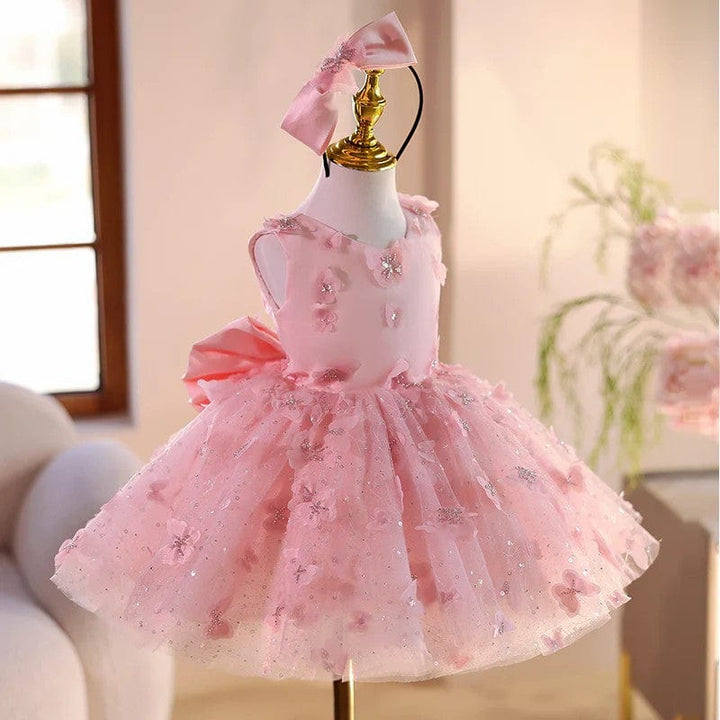 Sunnypetal Pink Sleeveless 3D Butterflys Flower Girl Dresses Pageant Prom Gown