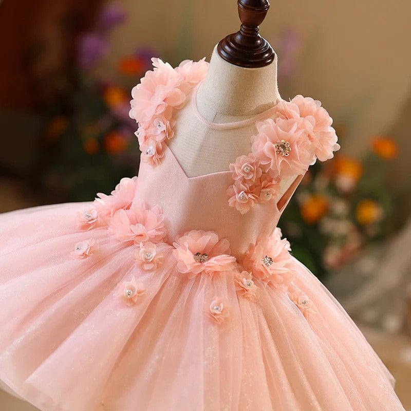 Sunnypetal Pink Sleeveless 3D Flowers Glitter Tulle Ball Gown Flower Girl Dresses