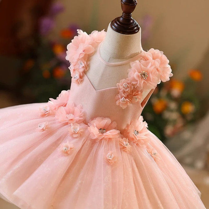 Sunnypetal Pink Sleeveless 3D Flowers Glitter Tulle Ball Gown Flower Girl Dresses