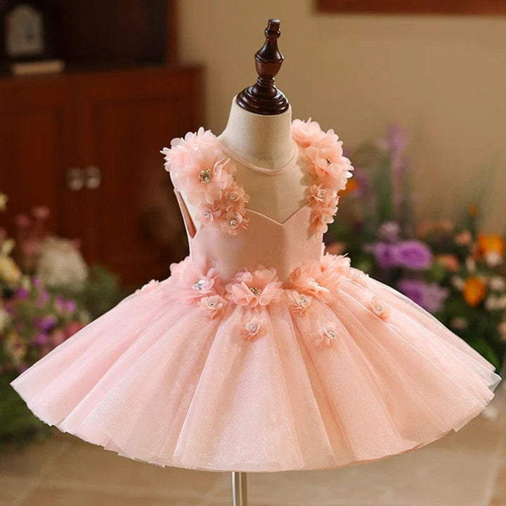 Sunnypetal Pink Sleeveless 3D Flowers Glitter Tulle Ball Gown Flower Girl Dresses