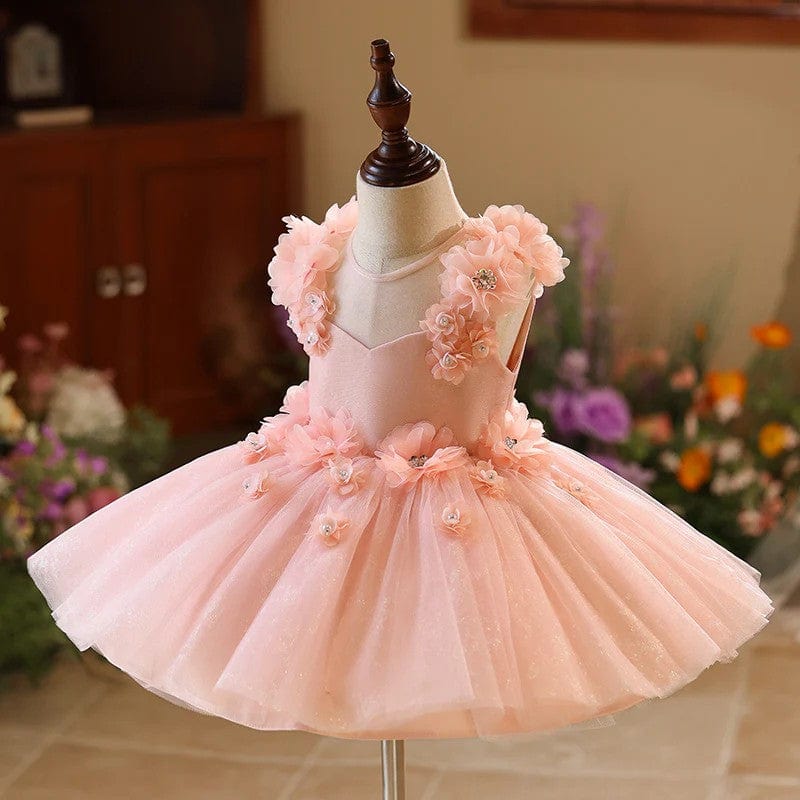Sunnypetal Pink Sleeveless 3D Flowers Glitter Tulle Ball Gown Flower Girl Dresses