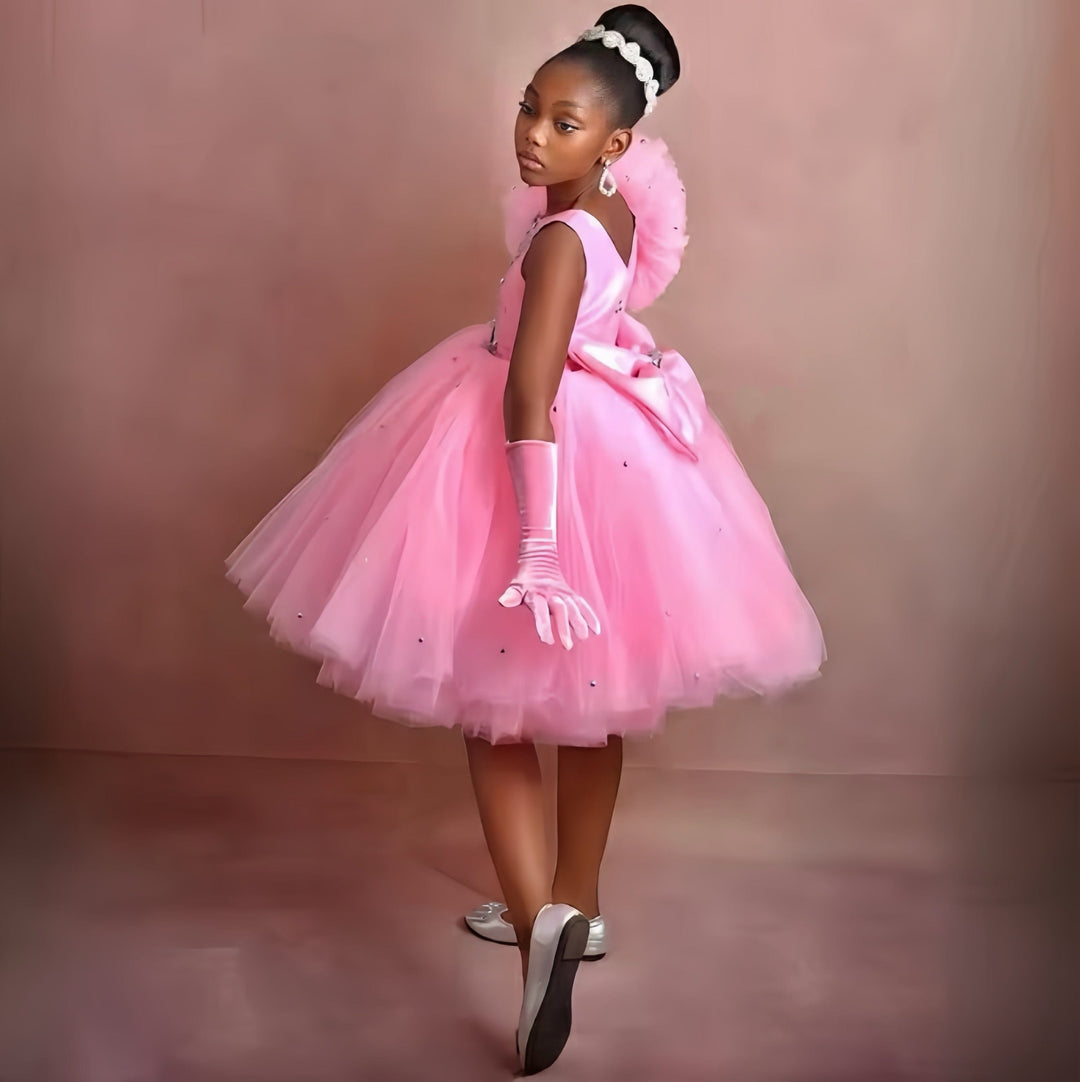 Sunnypetal Pink Sleeveless Beaded Bow Knee-Length Flower Girl Dresses
