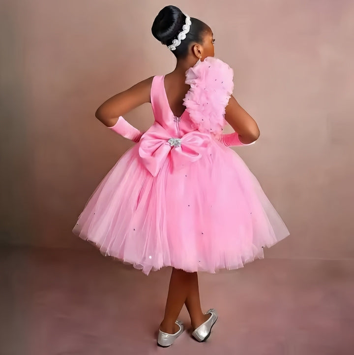 Sunnypetal Pink Sleeveless Beaded Bow Knee-Length Flower Girl Dresses