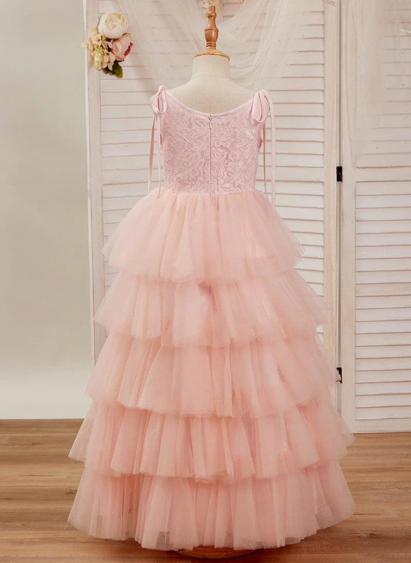 Sunnypetal Pink Sleeveless Layered Tulle Floor-Length Flower Girl Dress